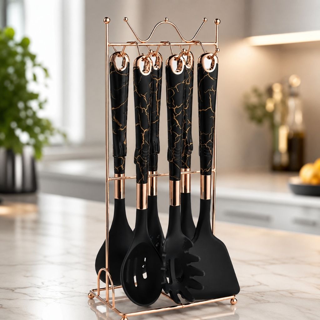 7-Piece Rose Gold Kitchen Utensil Set with Stand