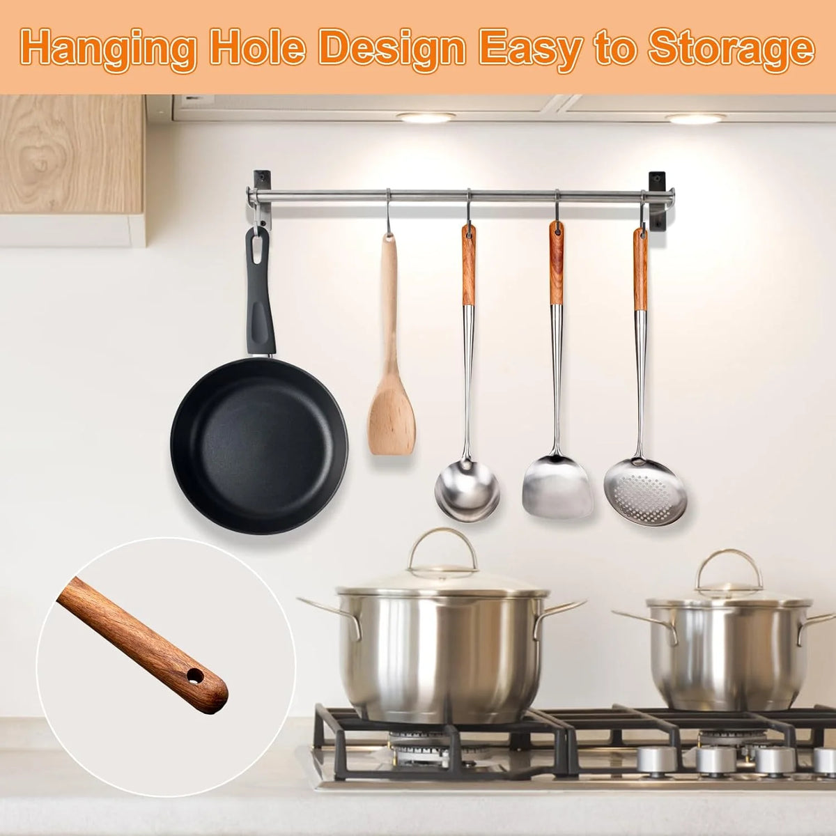 Wok Spatula and Ladle, Skimmer Spoon, Slotted Turner Spatula Set, Stainless Steel Kitchen Utensils Sets, with Wooden Handle - Tegulane Global
