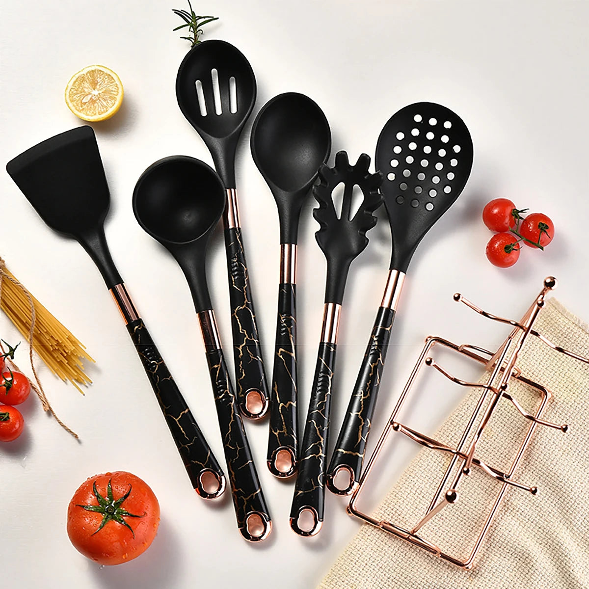 8pcs Silicone Kitchenware Set Pot Shovel Soup Spoon Spaghetti Claw Cooking Set with Storage Rack Household Kitchen Tools Set - Tegulane Global