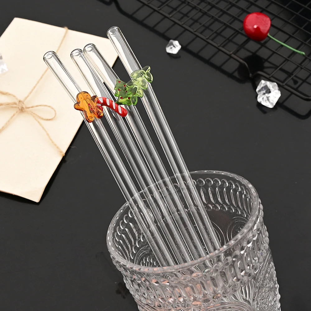 8Pcs Christmas Glass Straw Milk Tea Juice Cocktail Straw with Brush High Borosilicate Glass Straw Set Kitchen Bar Accessories - Tegulane Global