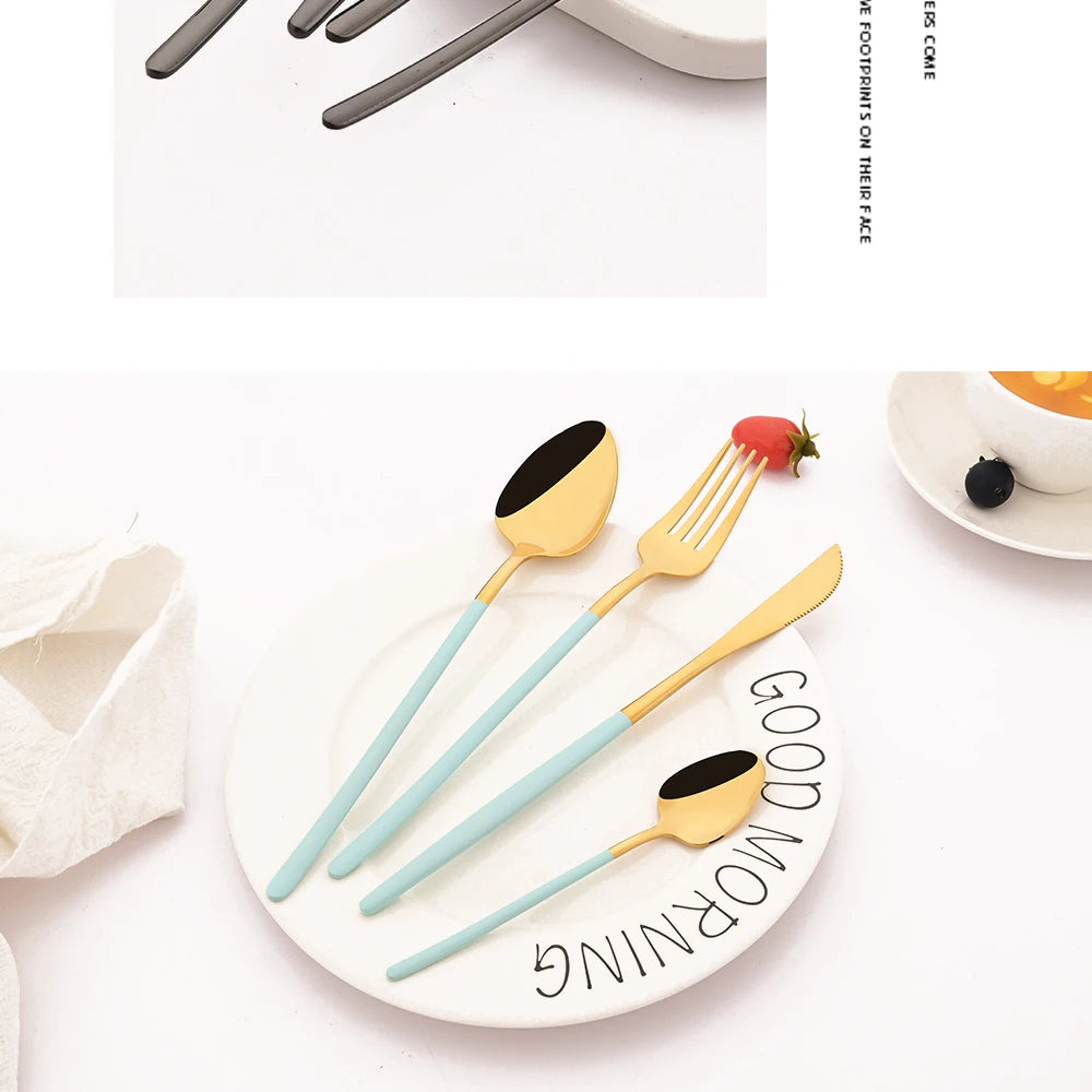 4Pcs Western Dinnerware Set Black 304 Stainless Steel Cutlery Kitchen Dinner Knife Fork Spoon Tableware Flatware Dishwasher Safe - Tegulane Global