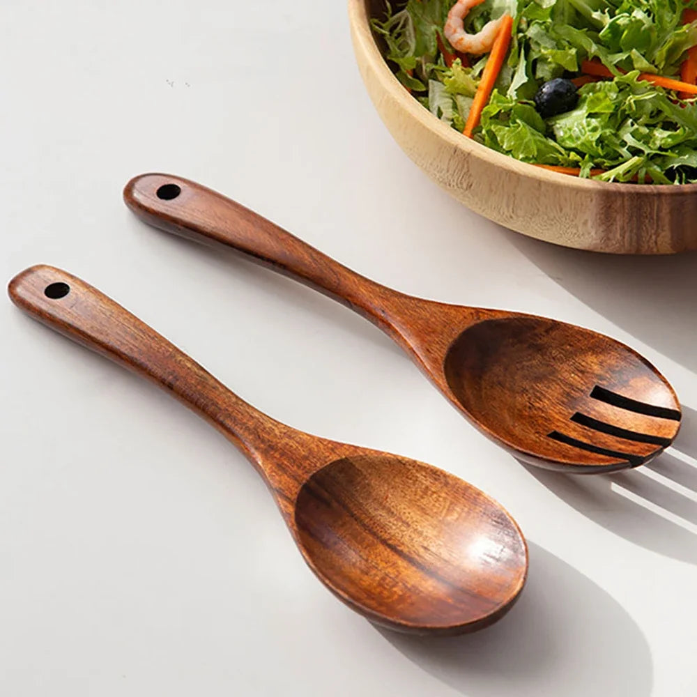 2Pcs Wooden Large Spoon Fork Cutlery Set Japanese Style Long Handle Serving Salad Scoop Dinnerware Set Tableware Kitchen Utensil - Tegulane Global