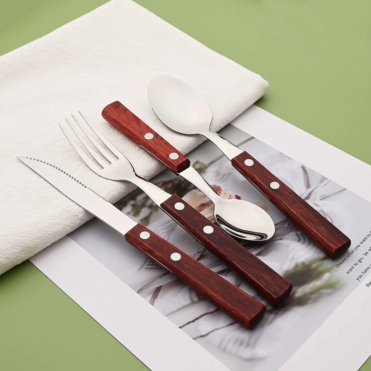 4Pcs Wooden Handle Cutlery Set Mirror 304 Stainless Steel Dinnerware Wood Handle Spoon Knife Fork Dinner Tableware Set Kitchen - Tegulane Global