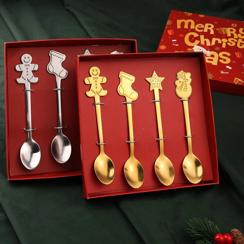4PCS Christmas Gift Decoration Dessert Spoons Snowman Christmas Stocking Cutlery Spoon Christmas Gift Box Gingerbread Spoon - Tegulane Global