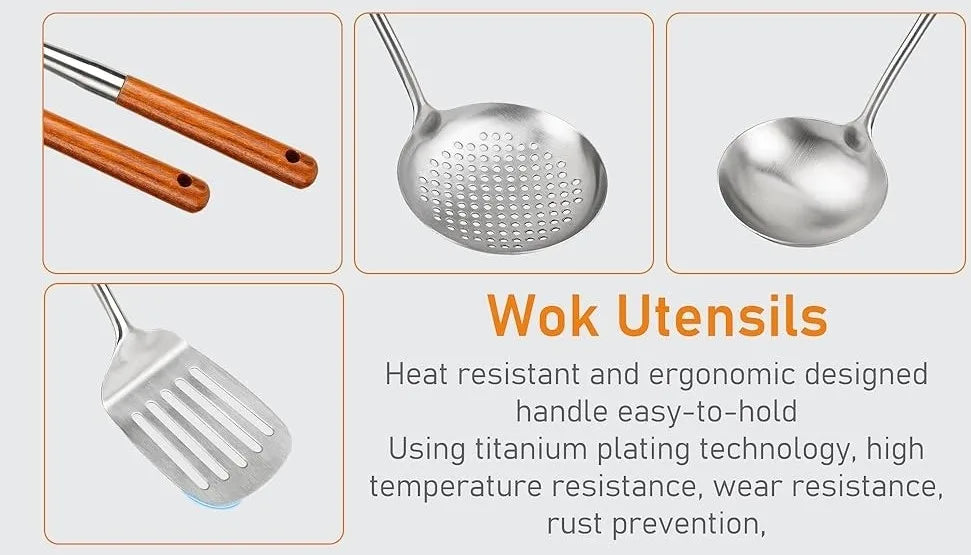 Wok Spatula and Ladle, Skimmer Spoon, Slotted Turner Spatula Set, Stainless Steel Kitchen Utensils Sets, with Wooden Handle - Tegulane Global