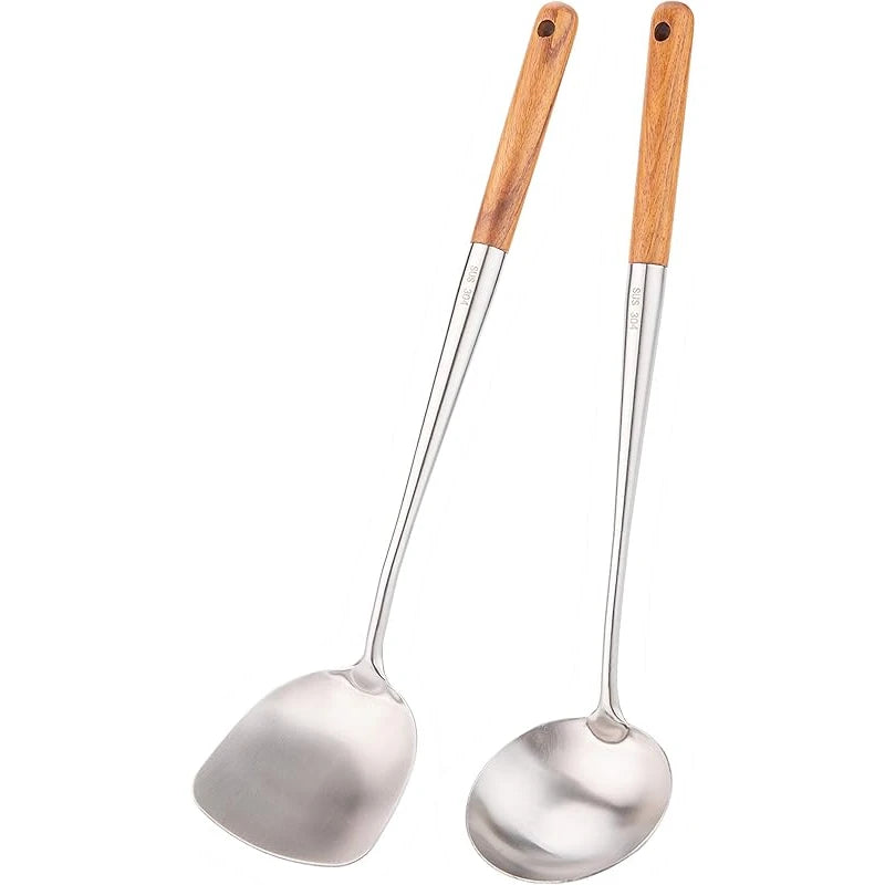 Wok Spatula and Ladle, Skimmer Spoon, Slotted Turner Spatula Set, Stainless Steel Kitchen Utensils Sets, with Wooden Handle - Tegulane Global