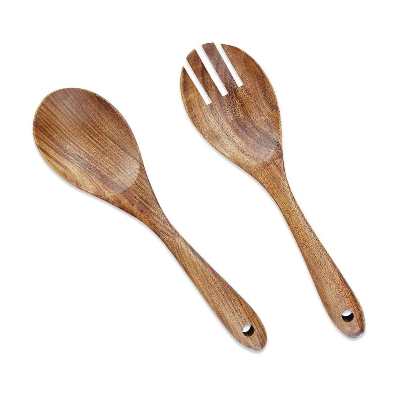 2Pcs Wooden Salad Servers Spoon Fork Set Salad Spoon and Fork Kit Long Handle Serving Salad Scoop Tableware Kitchen Utensil - Tegulane Global