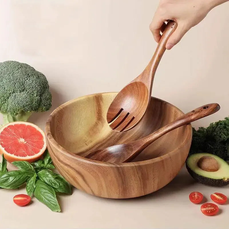 2Pcs Wooden Large Spoon Fork Cutlery Set Japanese Style Long Handle Serving Salad Scoop Dinnerware Set Tableware Kitchen Utensil - Tegulane Global