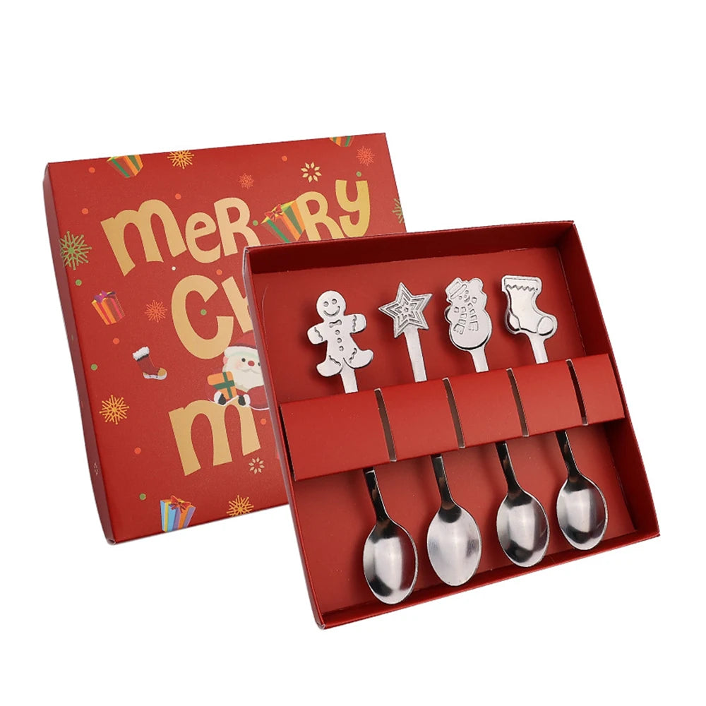 4PCS Christmas Gift Decoration Dessert Spoons Snowman Christmas Stocking Cutlery Spoon Christmas Gift Box Gingerbread Spoon - Tegulane Global