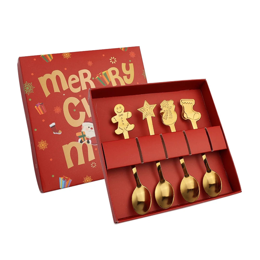 4PCS Christmas Gift Decoration Dessert Spoons Snowman Christmas Stocking Cutlery Spoon Christmas Gift Box Gingerbread Spoon - Tegulane Global