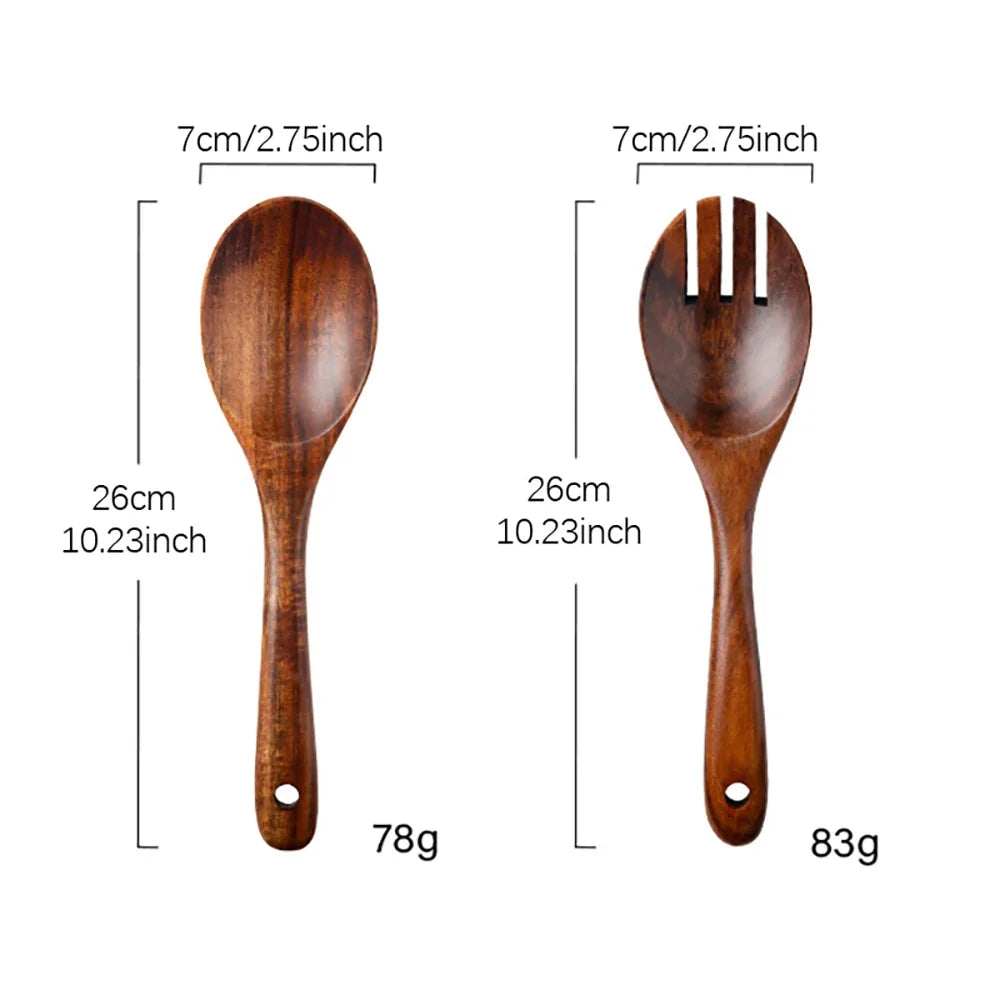 2Pcs Wooden Large Spoon Fork Cutlery Set Japanese Style Long Handle Serving Salad Scoop Dinnerware Set Tableware Kitchen Utensil - Tegulane Global