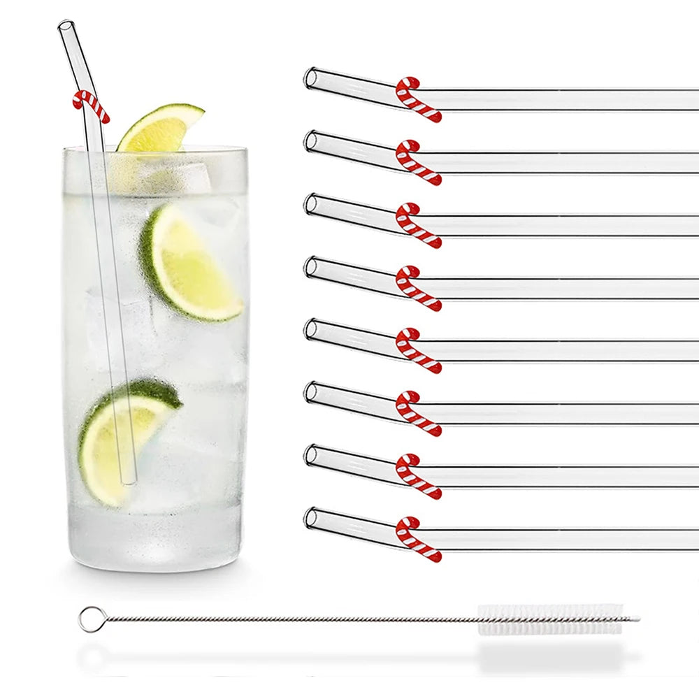 8Pcs Christmas Glass Straw Milk Tea Juice Cocktail Straw with Brush High Borosilicate Glass Straw Set Kitchen Bar Accessories - Tegulane Global