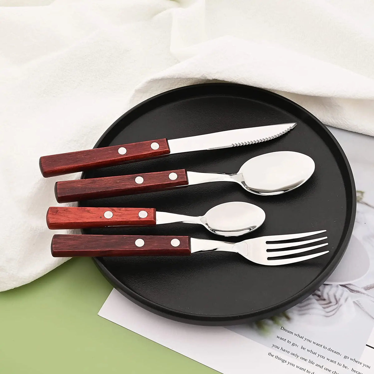 4Pcs Wooden Handle Cutlery Set Mirror 304 Stainless Steel Dinnerware Wood Handle Spoon Knife Fork Dinner Tableware Set Kitchen - Tegulane Global