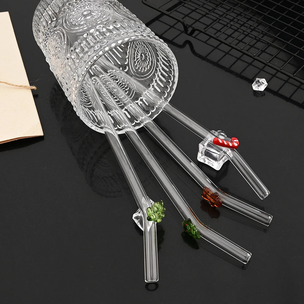 8Pcs Christmas Glass Straw Milk Tea Juice Cocktail Straw with Brush High Borosilicate Glass Straw Set Kitchen Bar Accessories - Tegulane Global