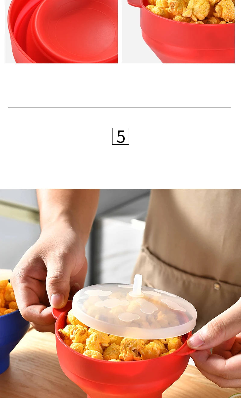 1/3Pcs Microwave Popcorn Bowl Bucket Silicone DIY Red Popcorn Maker with Lid Chips Fruit Dish High Quality Kitchen Easy Tools - Tegulane Global