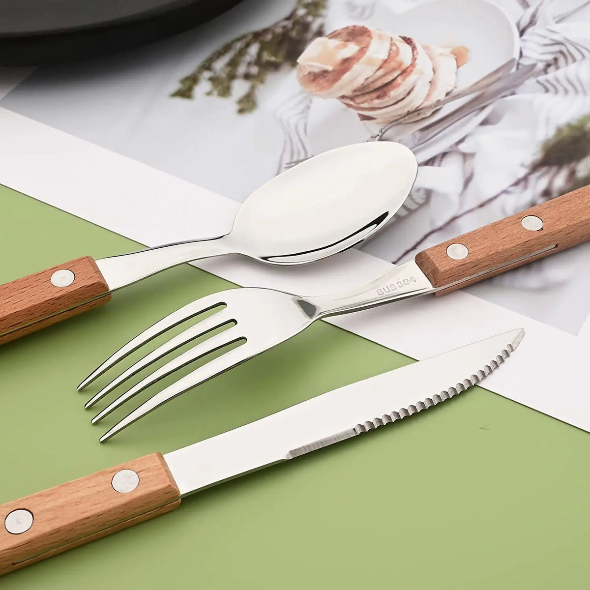 4Pcs Wooden Handle Cutlery Set Mirror 304 Stainless Steel Dinnerware Wood Handle Spoon Knife Fork Dinner Tableware Set Kitchen - Tegulane Global