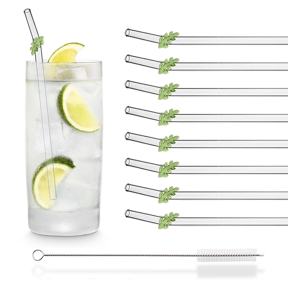 8Pcs Christmas Glass Straw Milk Tea Juice Cocktail Straw with Brush High Borosilicate Glass Straw Set Kitchen Bar Accessories - Tegulane Global