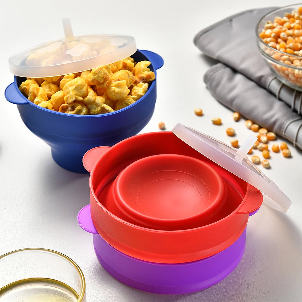 1/3Pcs Microwave Popcorn Bowl Bucket Silicone DIY Red Popcorn Maker with Lid Chips Fruit Dish High Quality Kitchen Easy Tools - Tegulane Global
