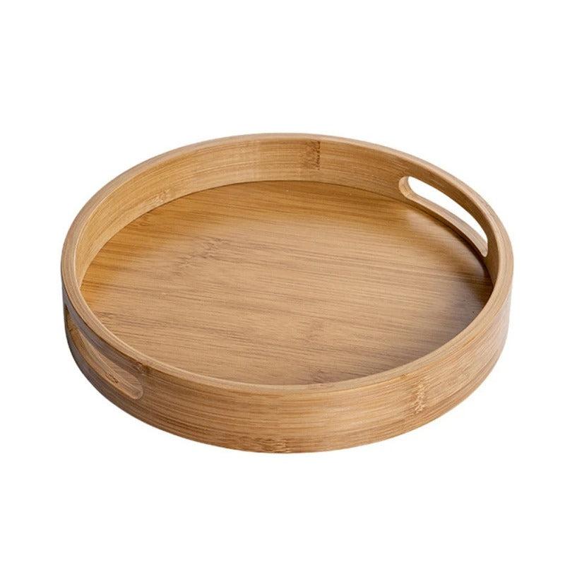 Bamboo Wood Round Serving Tray with Handles - Tegulane Global