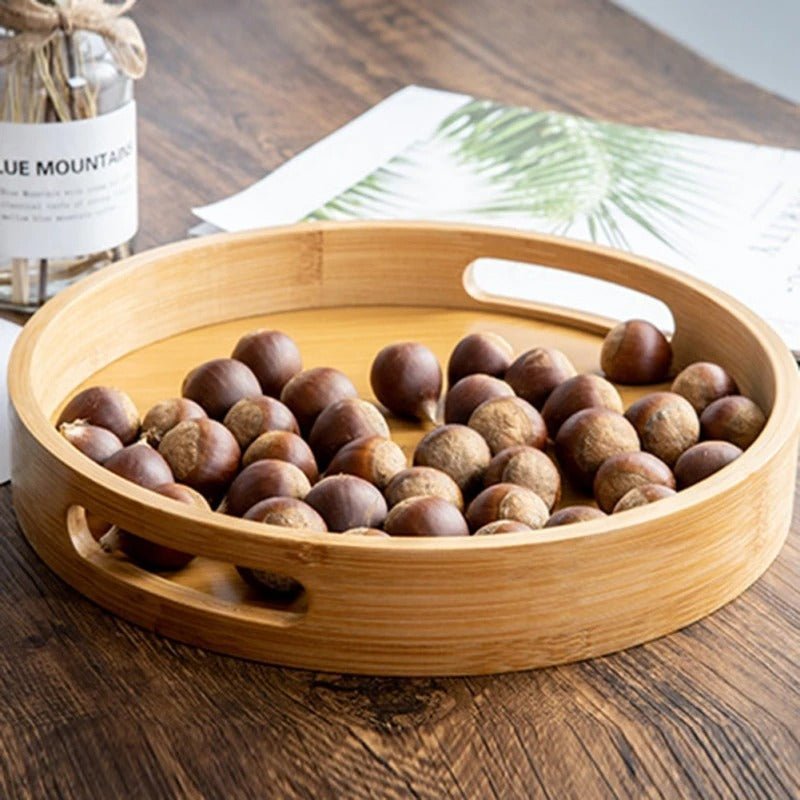 Bamboo Wood Round Serving Tray with Handles - Tegulane Global