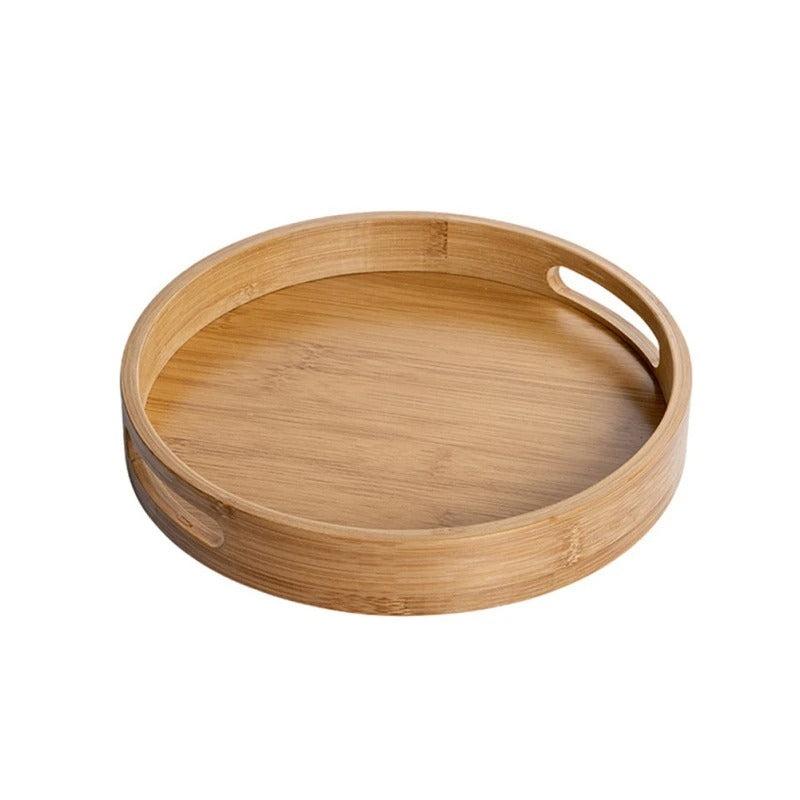 Bamboo Wood Round Serving Tray with Handles - Tegulane Global
