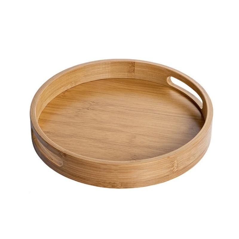 Bamboo Wood Round Serving Tray with Handles - Tegulane Global