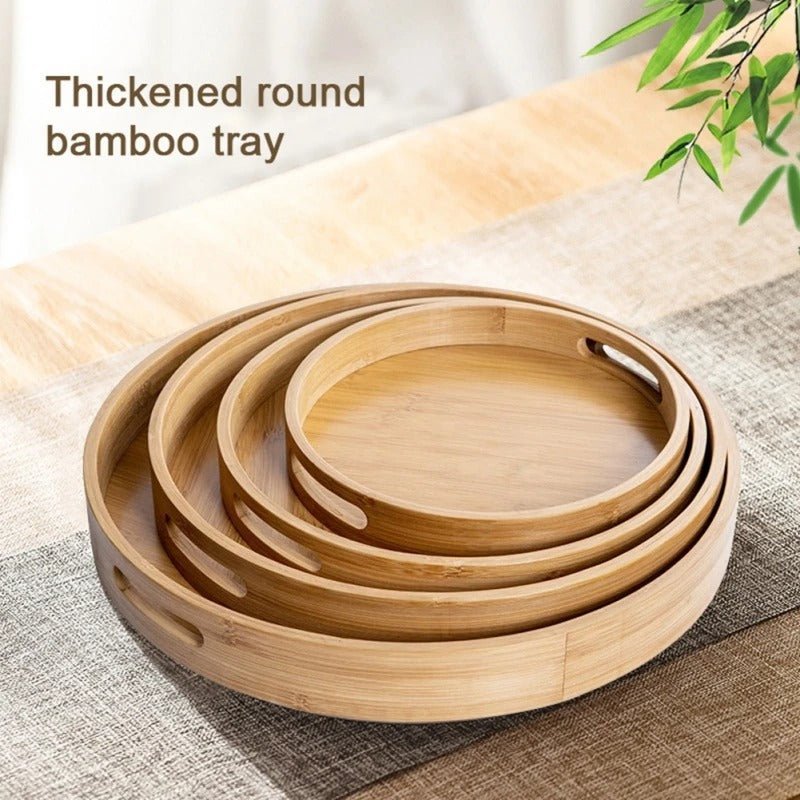 Bamboo Wood Round Serving Tray with Handles - Tegulane Global