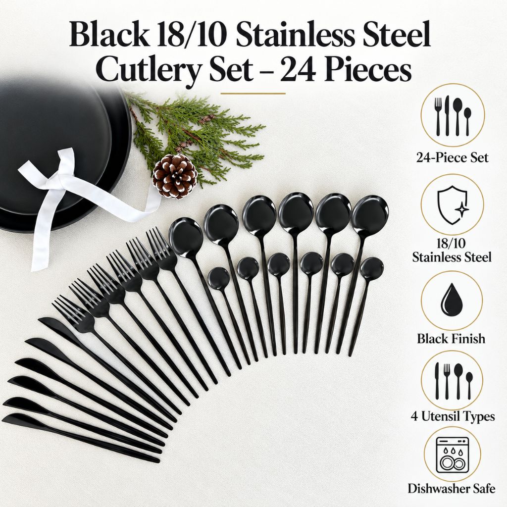 Black 18/10 Stainless Steel Cutlery Set – 24 Pieces - Tegulane Global
