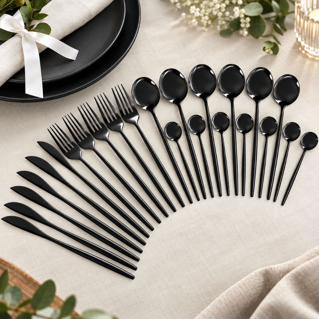 Black 18/10 Stainless Steel Cutlery Set – 24 Pieces - Tegulane Global