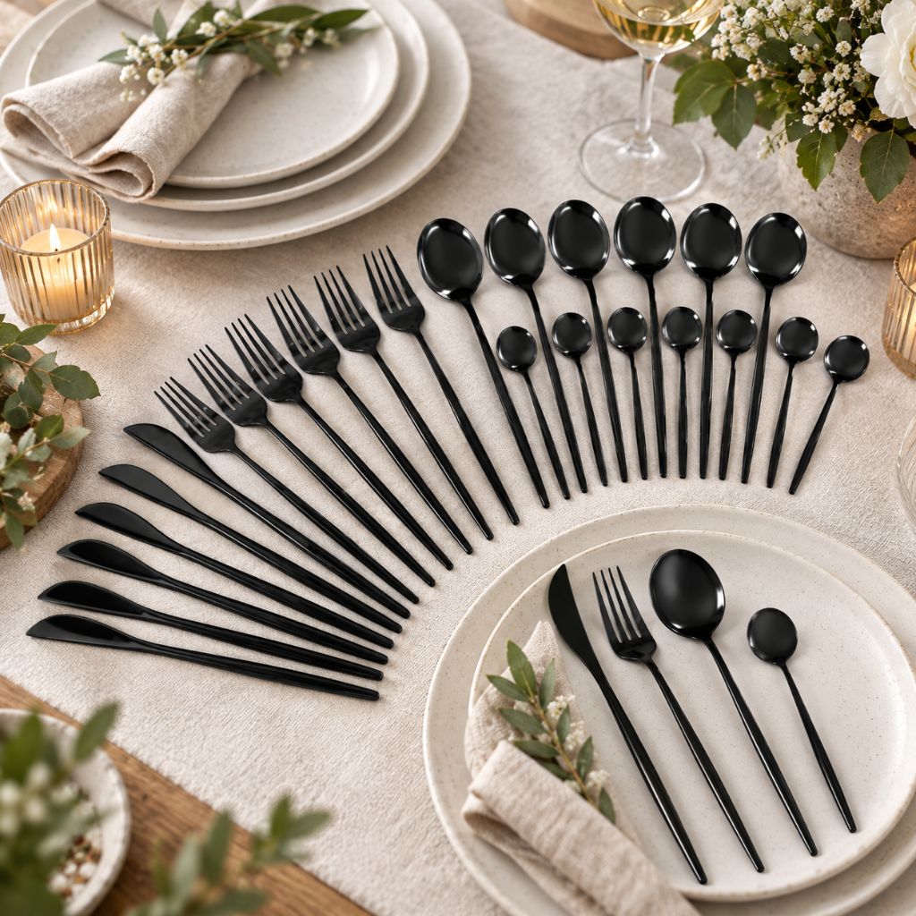 Black 18/10 Stainless Steel Cutlery Set – 24 Pieces - Tegulane Global