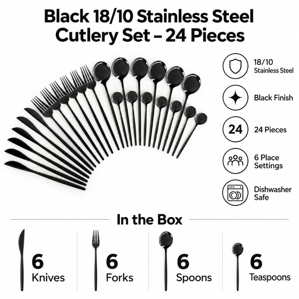 Black 18/10 Stainless Steel Cutlery Set – 24 Pieces - Tegulane Global