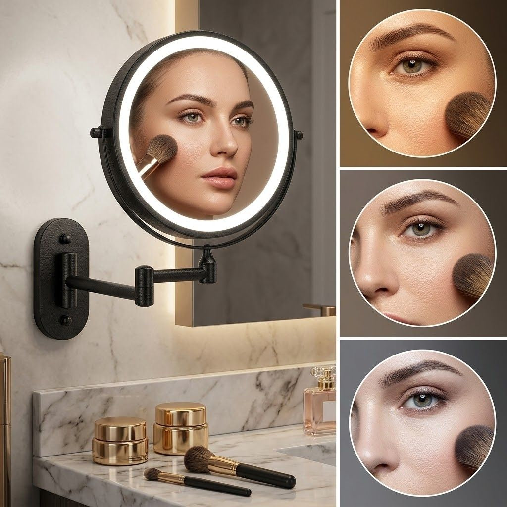 Black Rechargeable LED Mirror – Ideal for Makeup & Bathroom Use - Tegulane Global