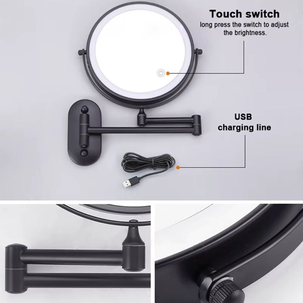 Black Rechargeable LED Mirror – Ideal for Makeup & Bathroom Use - Tegulane Global