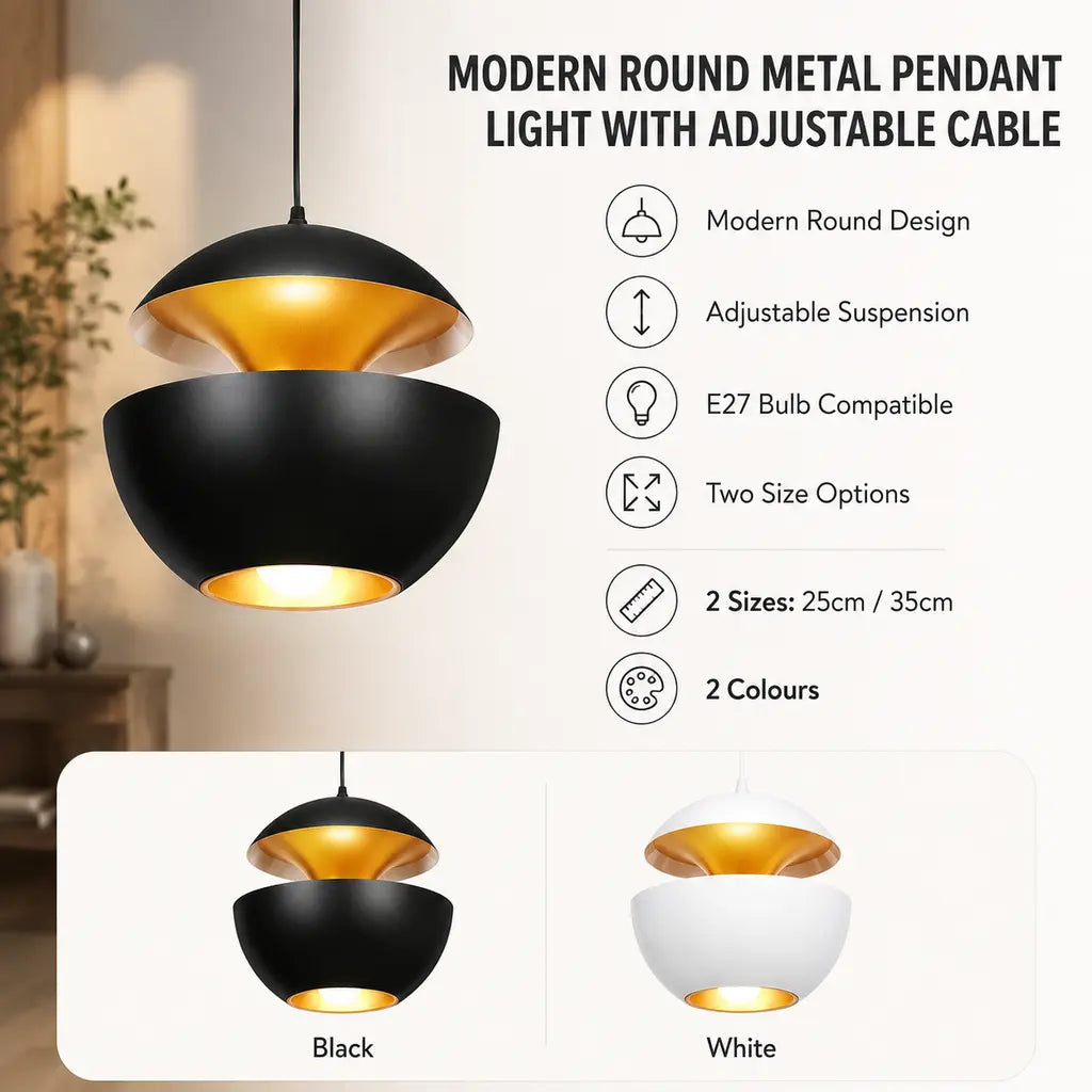 Modern Round Metal Pendant Light with Adjustable Cable - Tegulane Global
