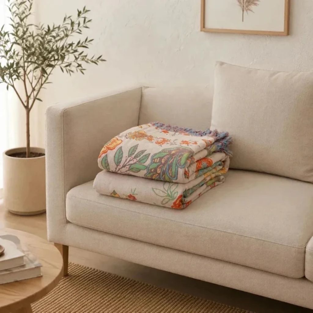 Cotton Floral Throw Blanket with Fringe - Tegulane Global