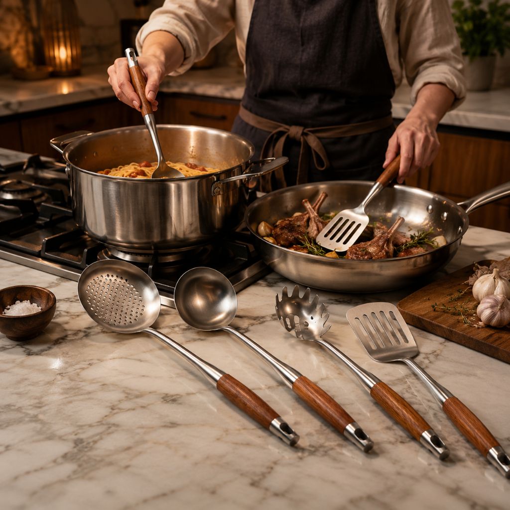 Culina Luxe - Stainless Steel Kitchen Utensil Set with Wooden Handles - Tegulane Global