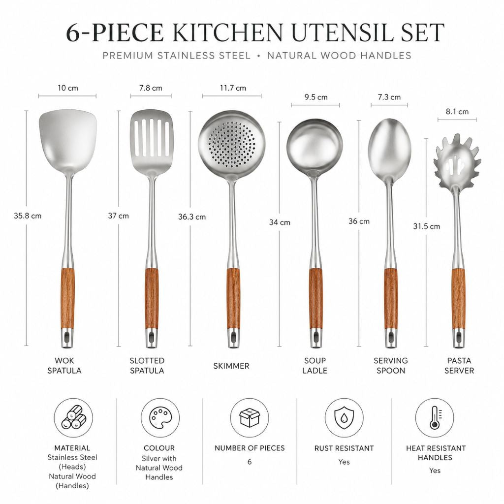 Culina Luxe - Stainless Steel Kitchen Utensil Set with Wooden Handles - Tegulane Global
