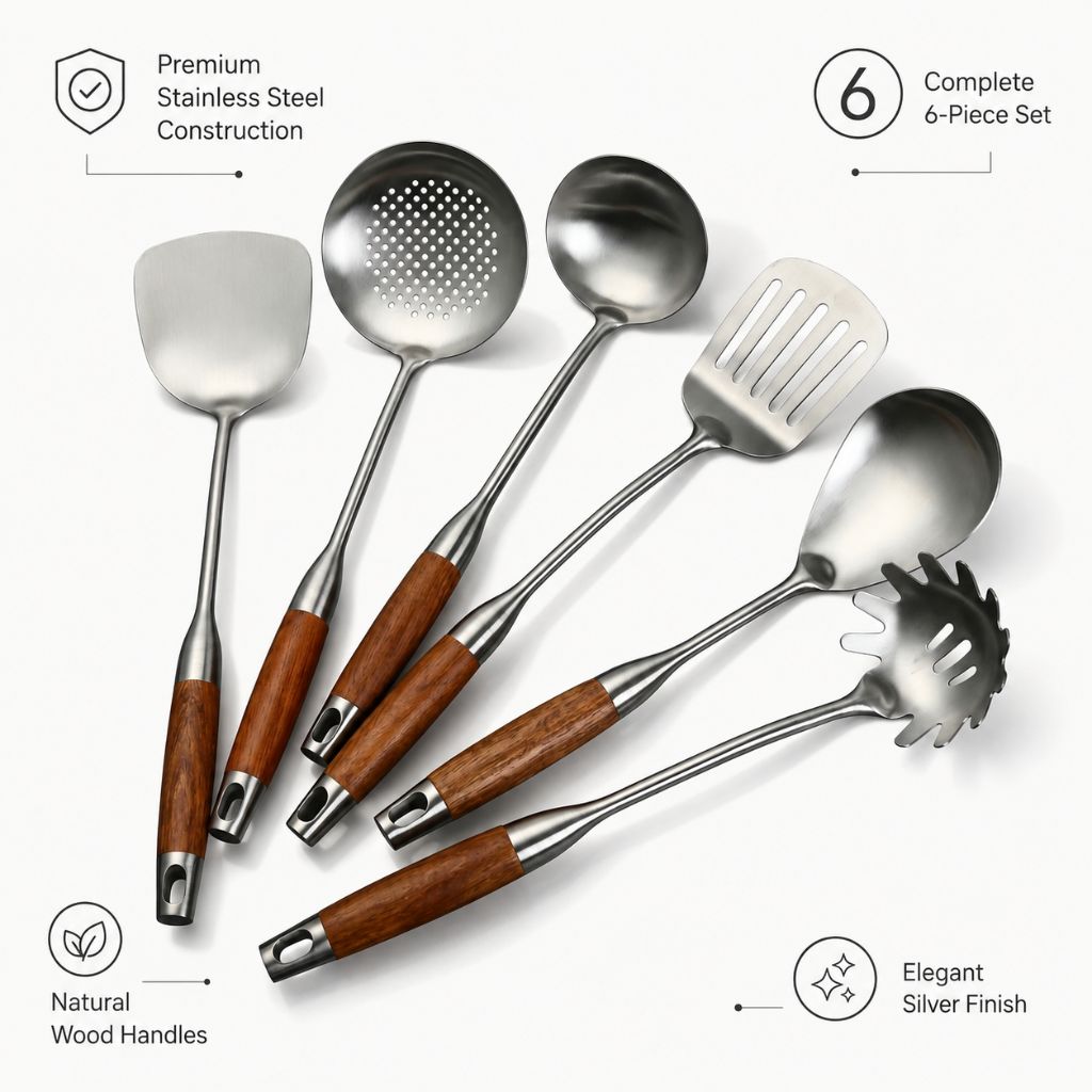 Culina Luxe - Stainless Steel Kitchen Utensil Set with Wooden Handles - Tegulane Global