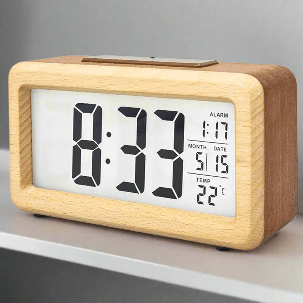 Digital Alarm Clock with Wooden Design & Multi-Function Display - Tegulane Global