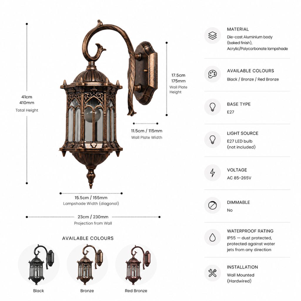 European Style Outdoor Wall Lamp E27 IP55 Retro Aluminium Courtyard - Tegulane Global