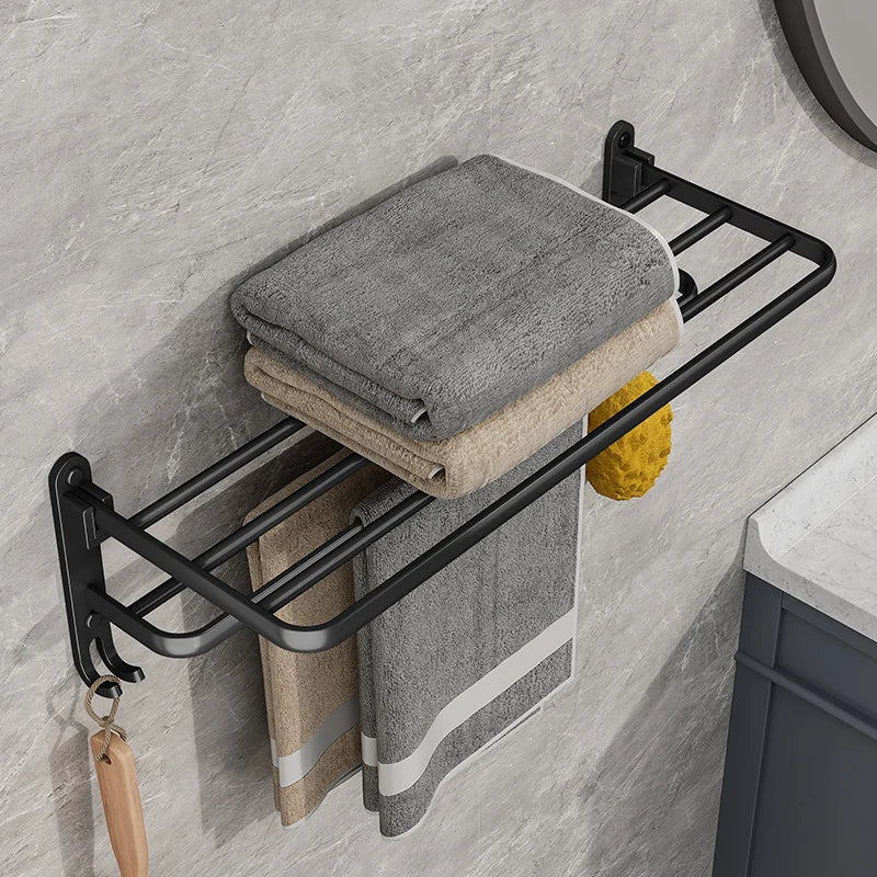 Folding Towel Rack with Dual Bars and Hook - Tegulane Global