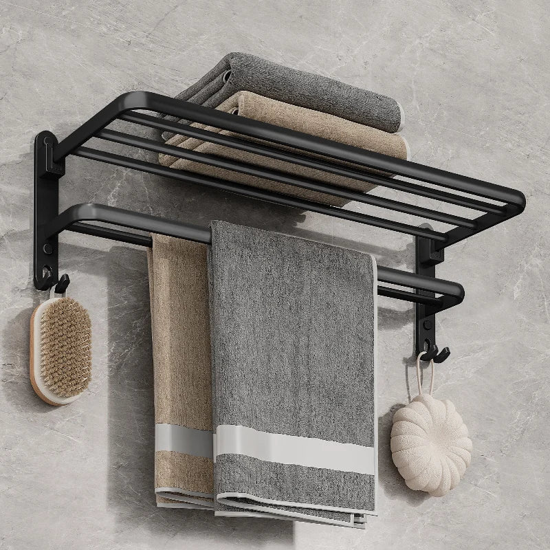Folding Towel Rack with Dual Bars and Hook - Tegulane Global