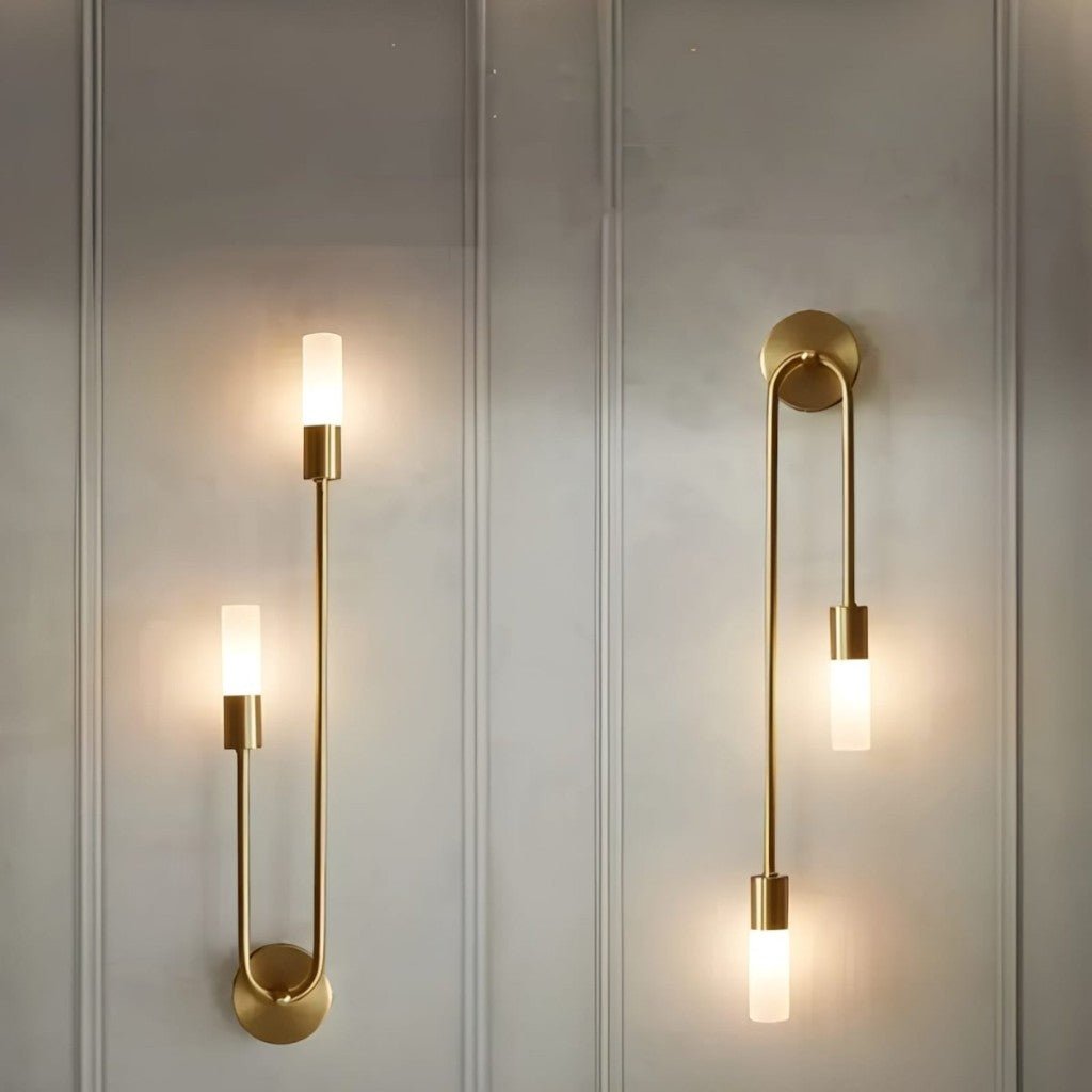 Gold Wall Sconce with Double Frosted Glass Cylinders - Tegulane Global