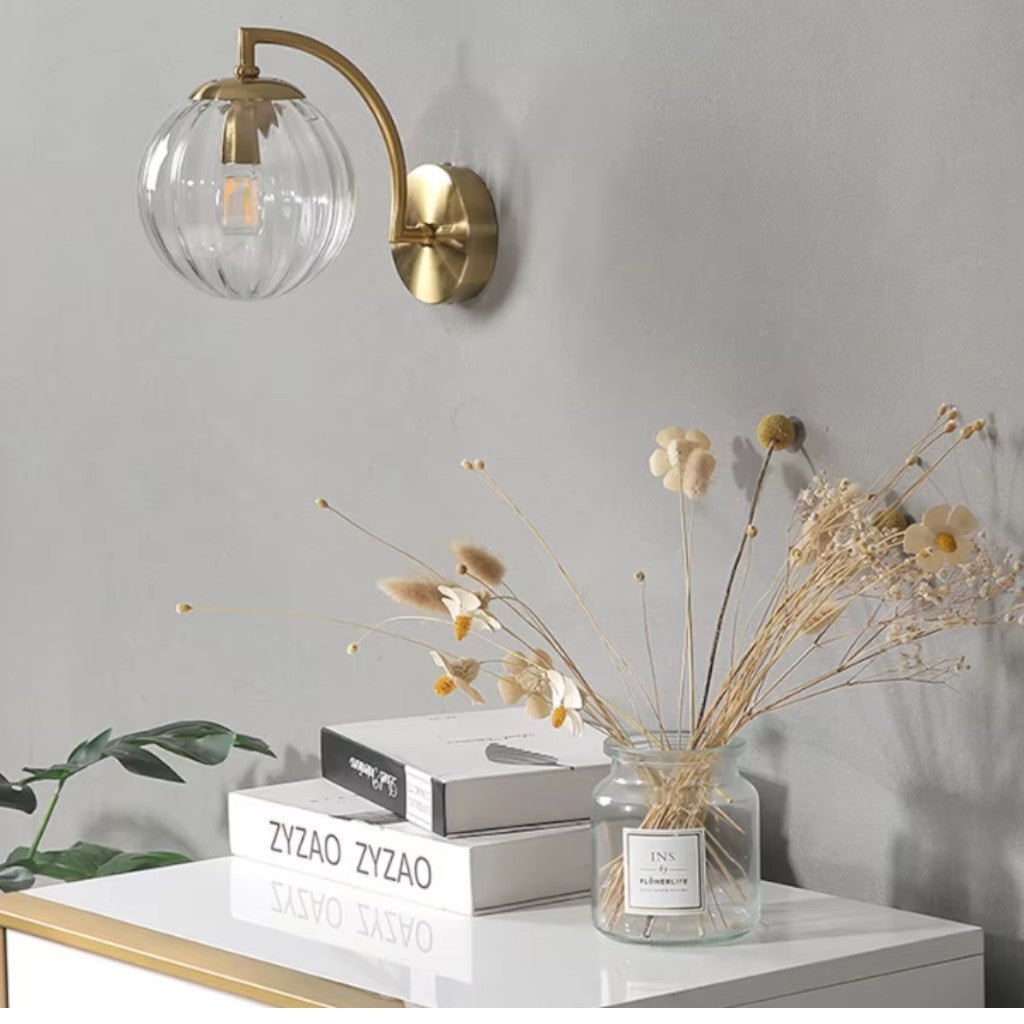 Gold Wall Sconce with Ribbed Glass Globe - Tegulane Global