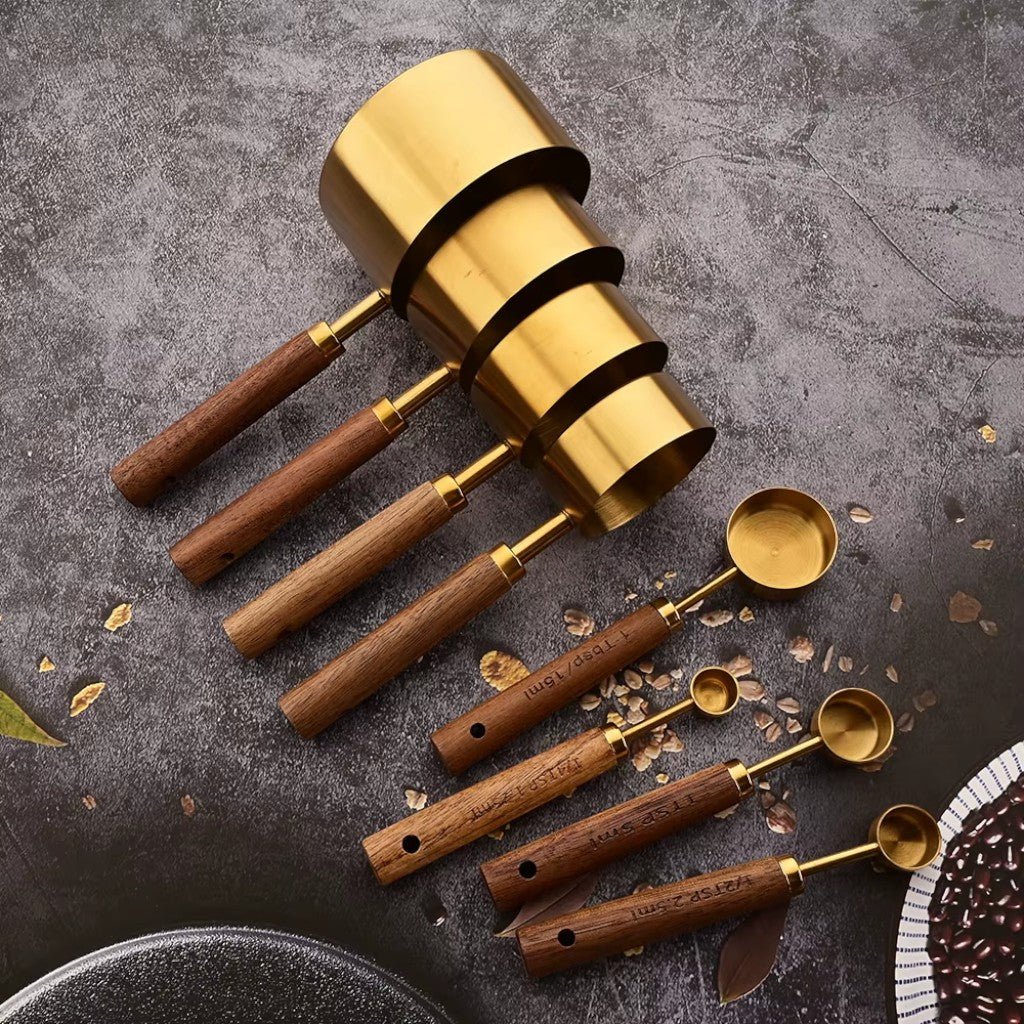 Golden & Wood Measuring Cups and Spoons Set - Tegulane Global