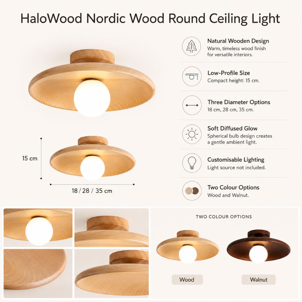 HaloWood Nordic Wood Round Ceiling Light - Tegulane Global