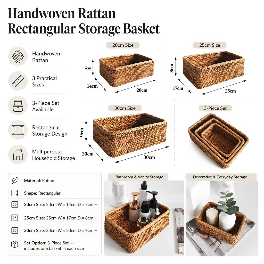 Handwoven Rattan Rectangular Storage Basket - Tegulane Global