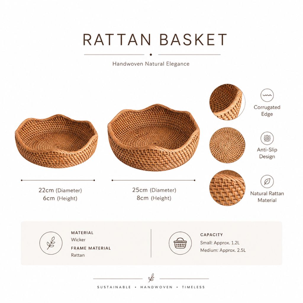 Handwoven Rattan Storage Basket for Bread and Fruit - Tegulane Global
