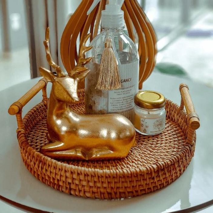 Handwoven Rattan Storage Tray with Wooden Handle - Tegulane Global