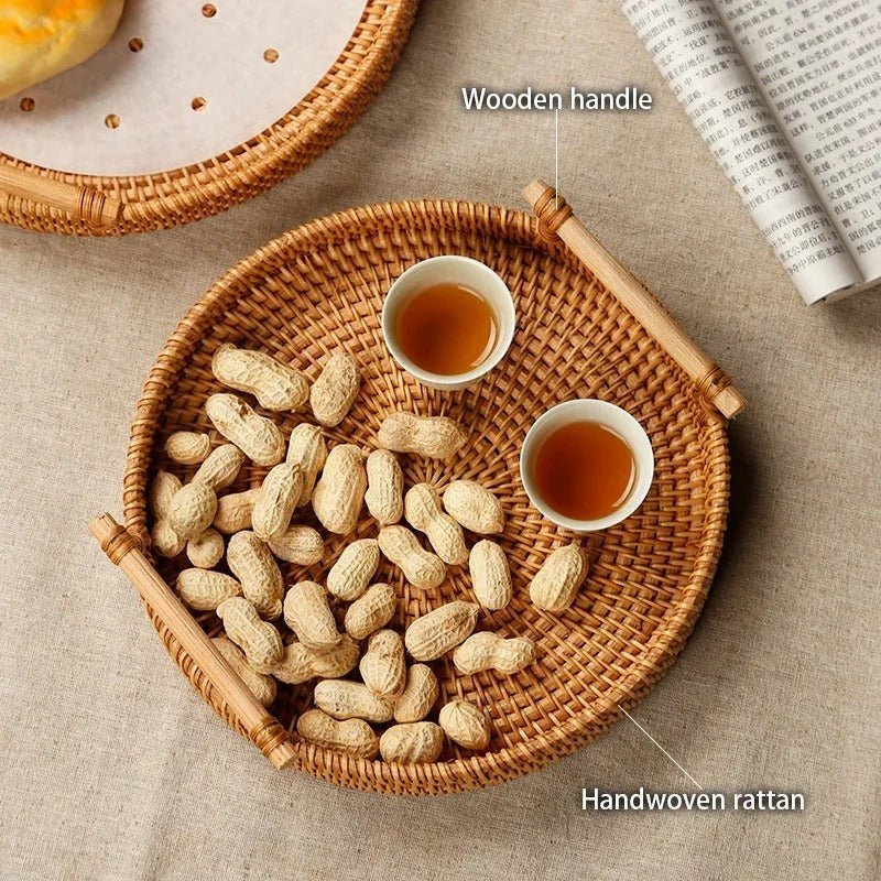 Handwoven Rattan Storage Tray with Wooden Handle - Tegulane Global